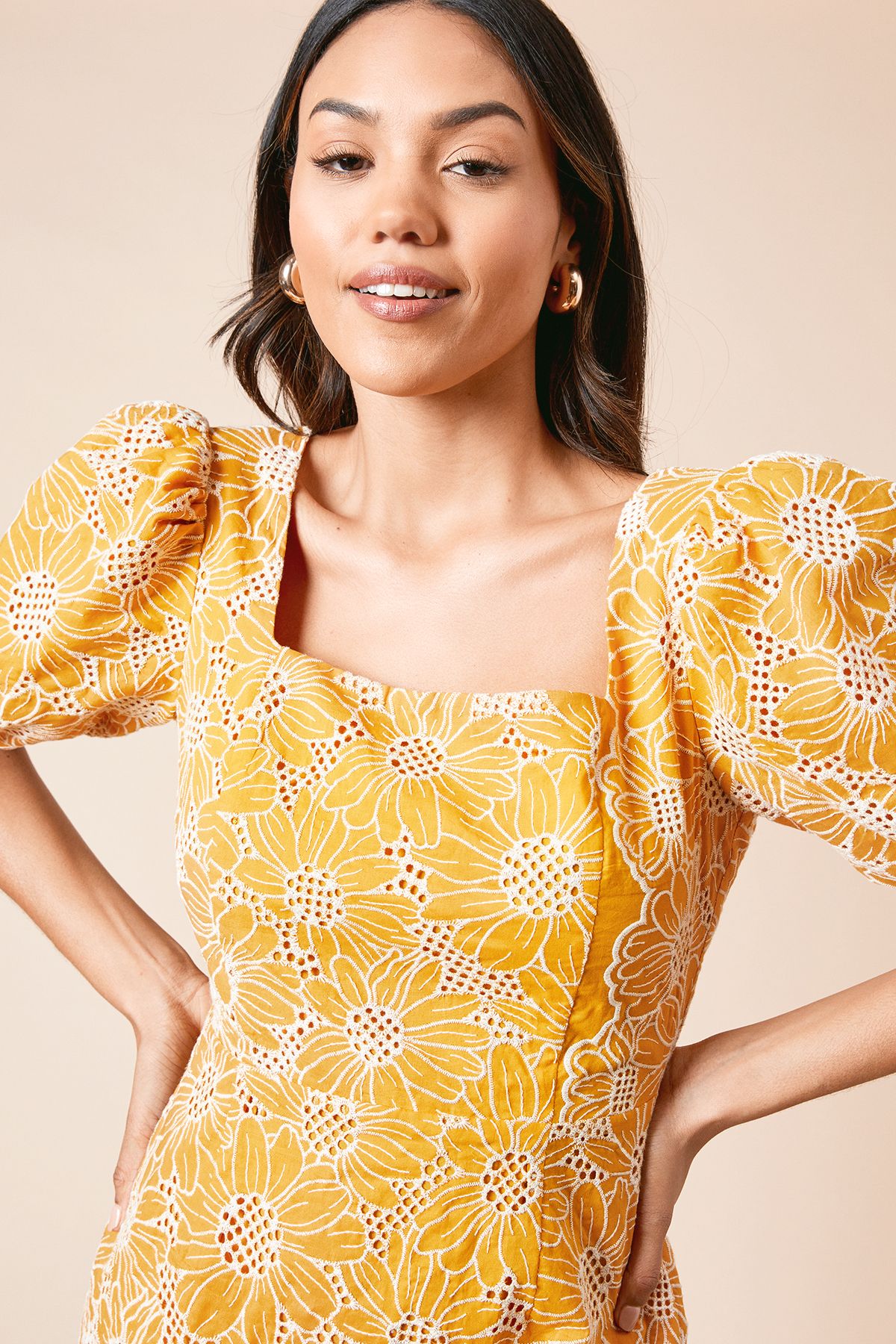 Dorothy Perkins Cutwork Floral Scalloped Edge Mini Dress Ochre image 4