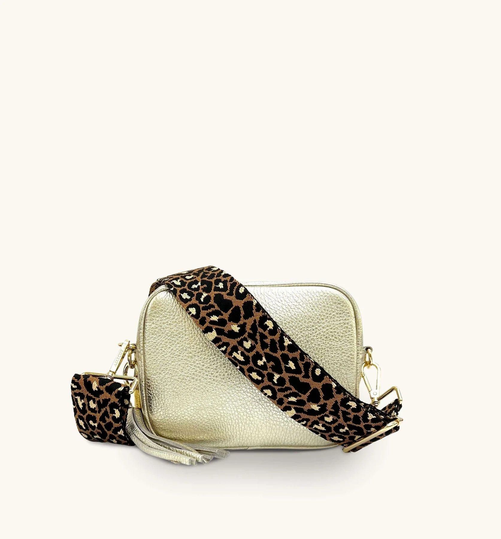 Apatchy London Gold Leather Crossbody Bag With Tan Cheetah Strap image 1