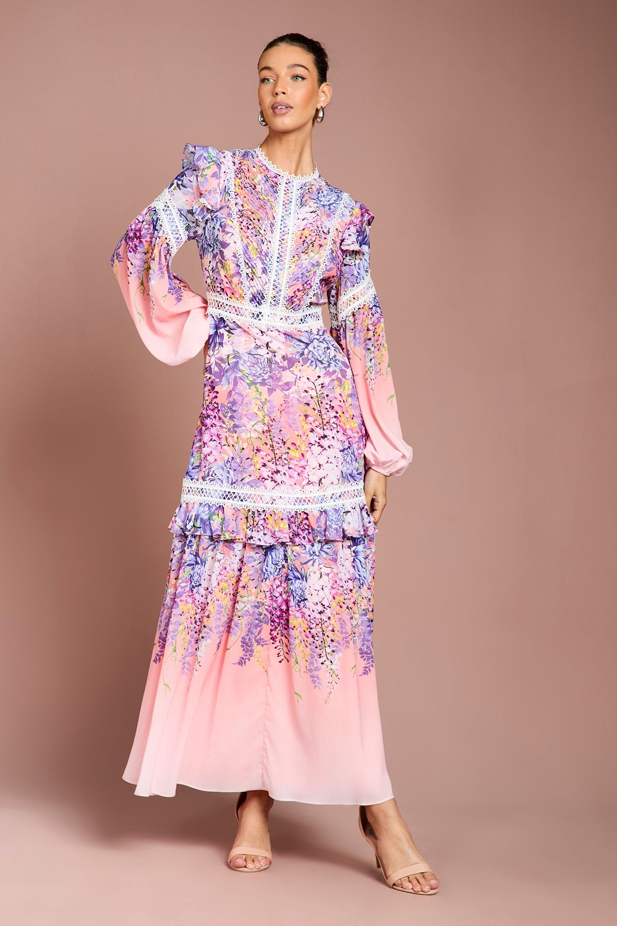 Coast Placement Print Lace Frill Detail Maxi Dress Pink image 1