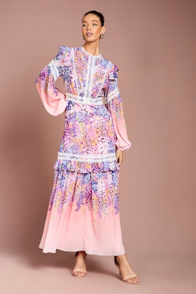 Coast Placement Print Lace Frill Detail Maxi Dress Pink