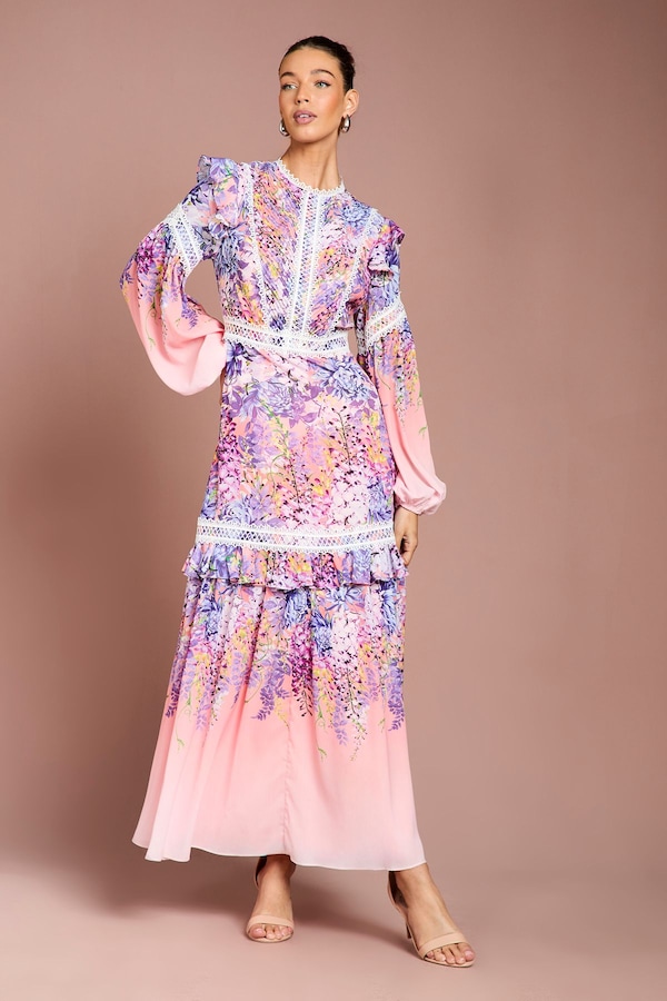 Coast Placement Print Lace Frill Detail Maxi Dress Pink