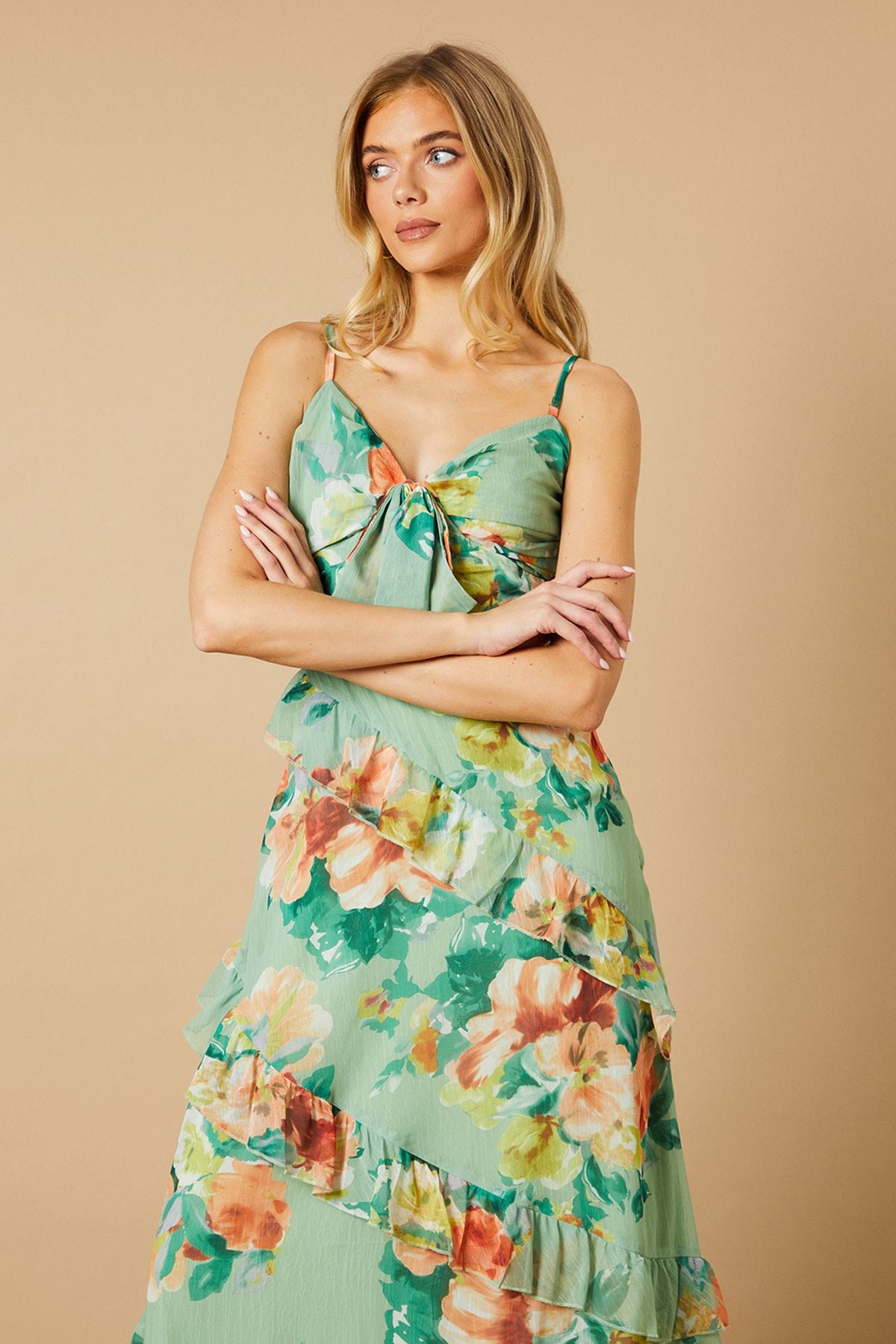 Oasis Floral Waist Detail Ruffle Midi Dress Green image 2