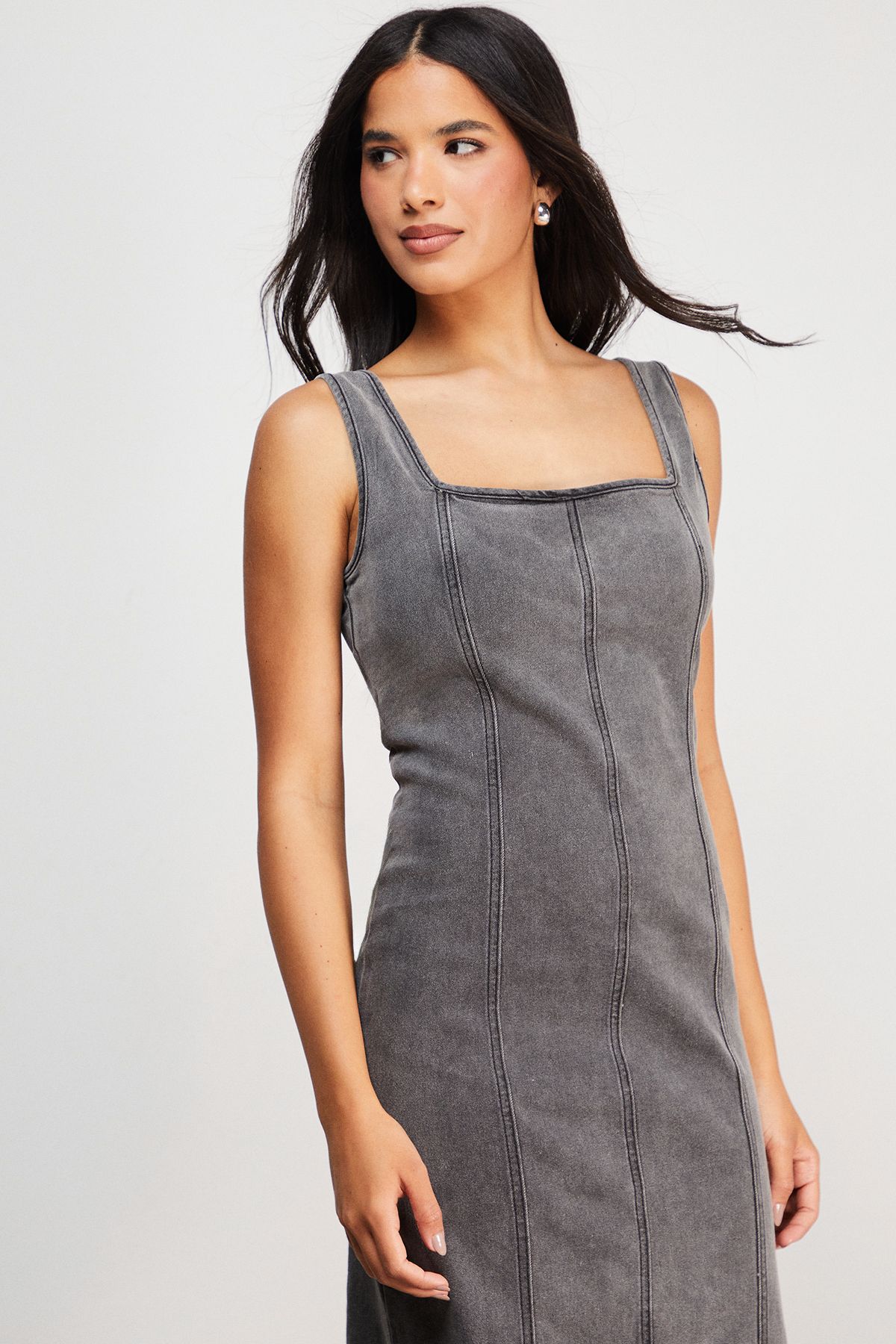 Warehouse Seam Detail Fitted Denim Midi Dress Grey image 2