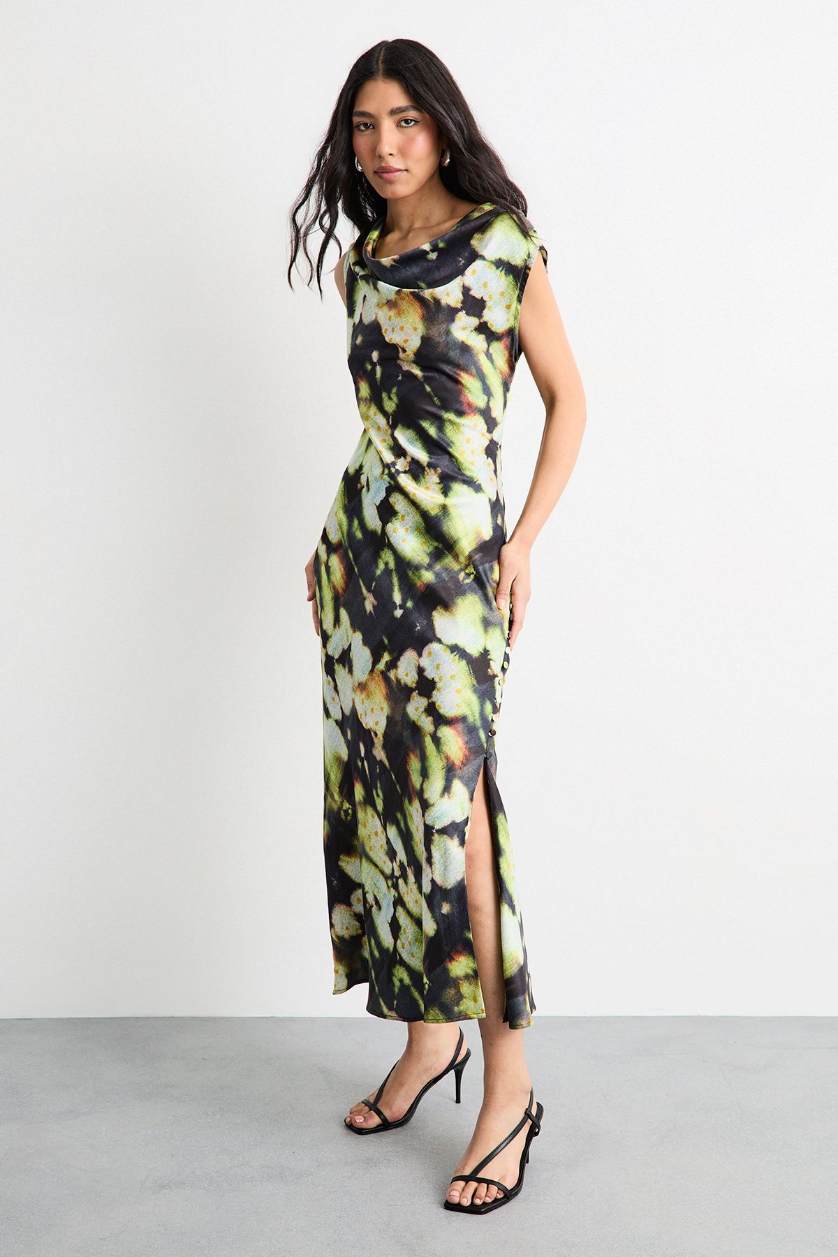 Warehouse Abstract Print Cowl Bias Satin Dress With Button Detail Green