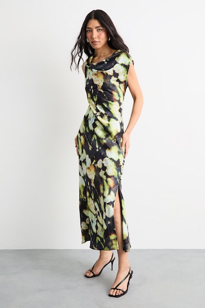 Warehouse Abstract Print Cowl Bias Satin Dress With Button Detail Green