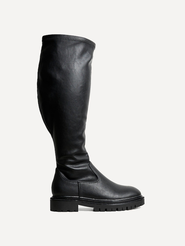 Linzi Briody Wide Fit Black Faux Leather Knee High Stretch Boot