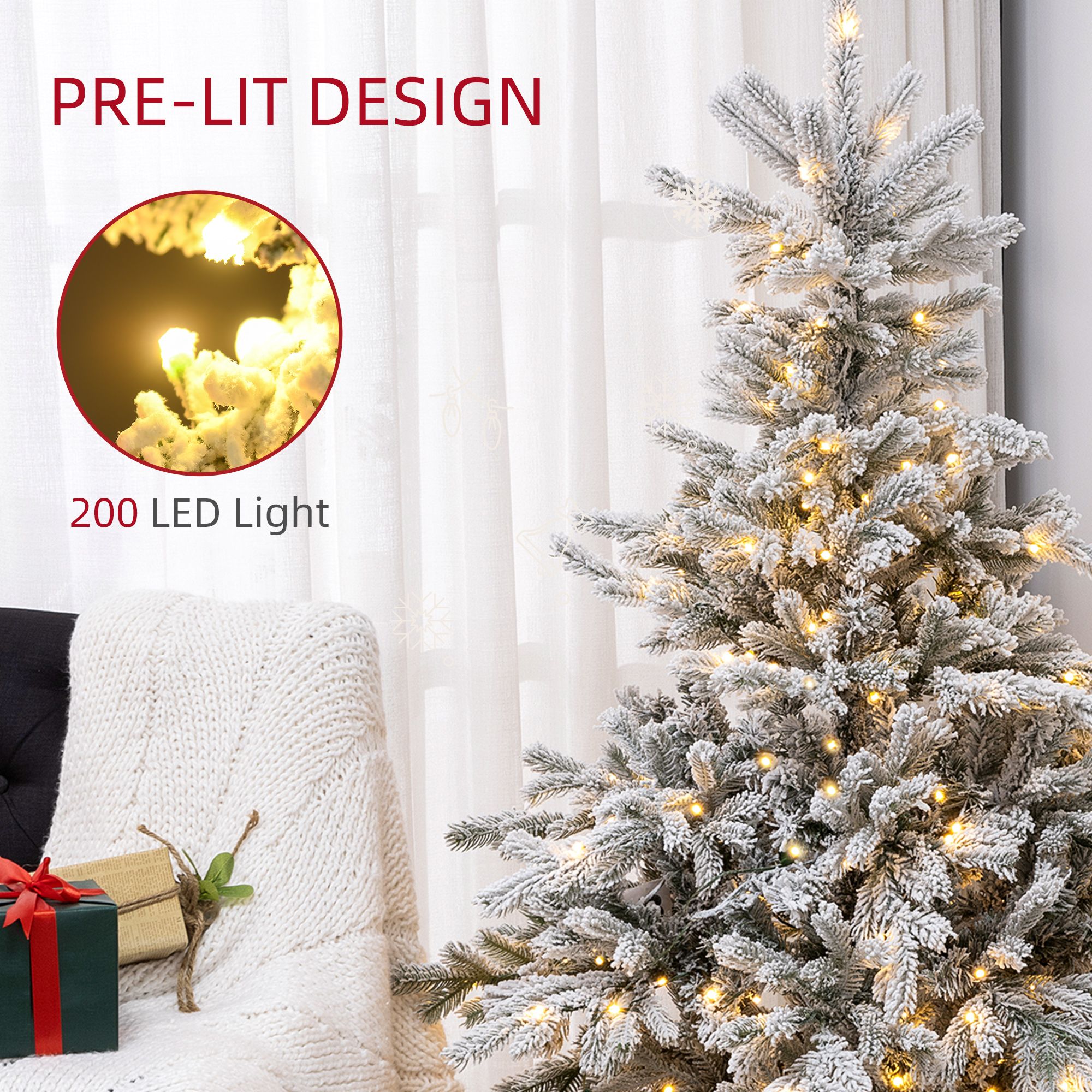 HOMCOM Artificial Prelit Christmas Tree, Snow Xmas Tree with LED Lights image 6