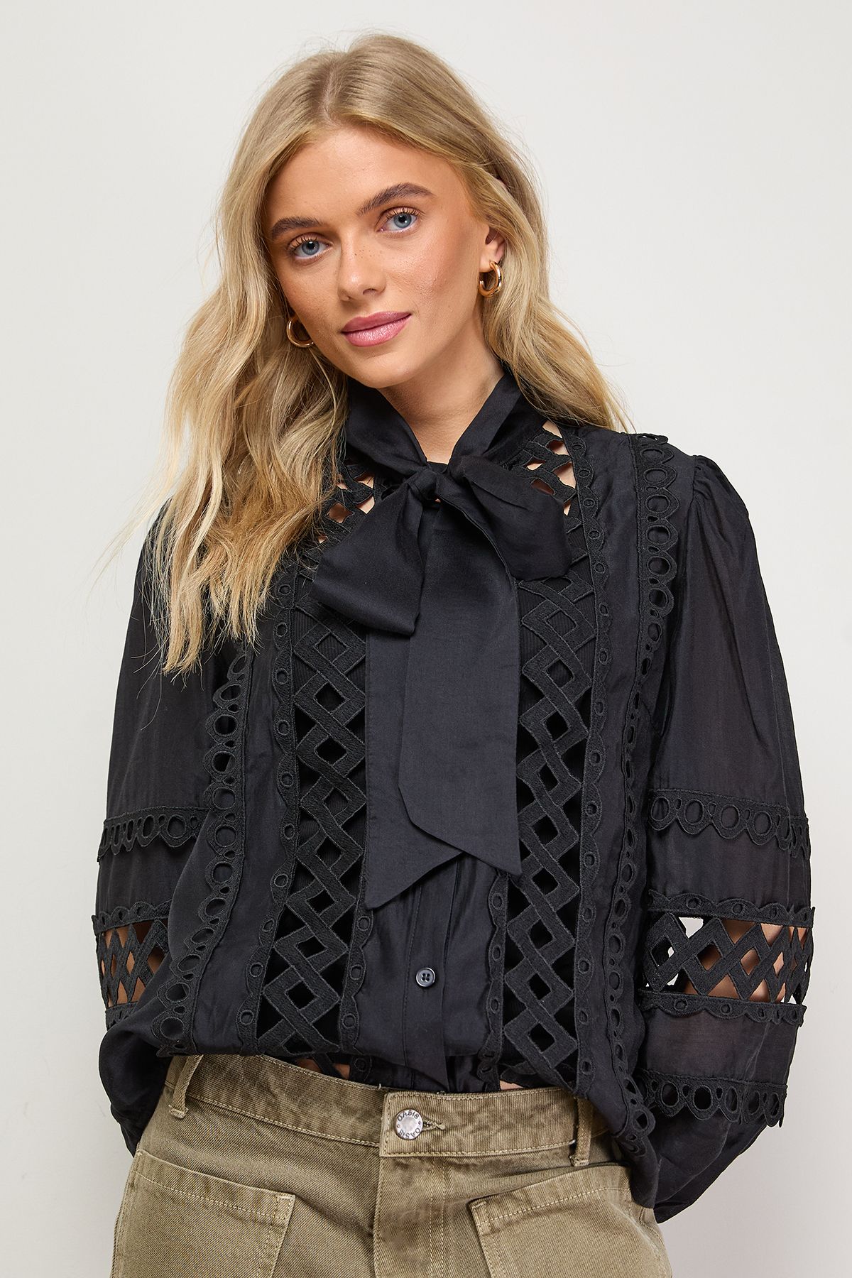 Oasis Cut Out Trim Detail Tie Neck Button Down Blouse Black image 1