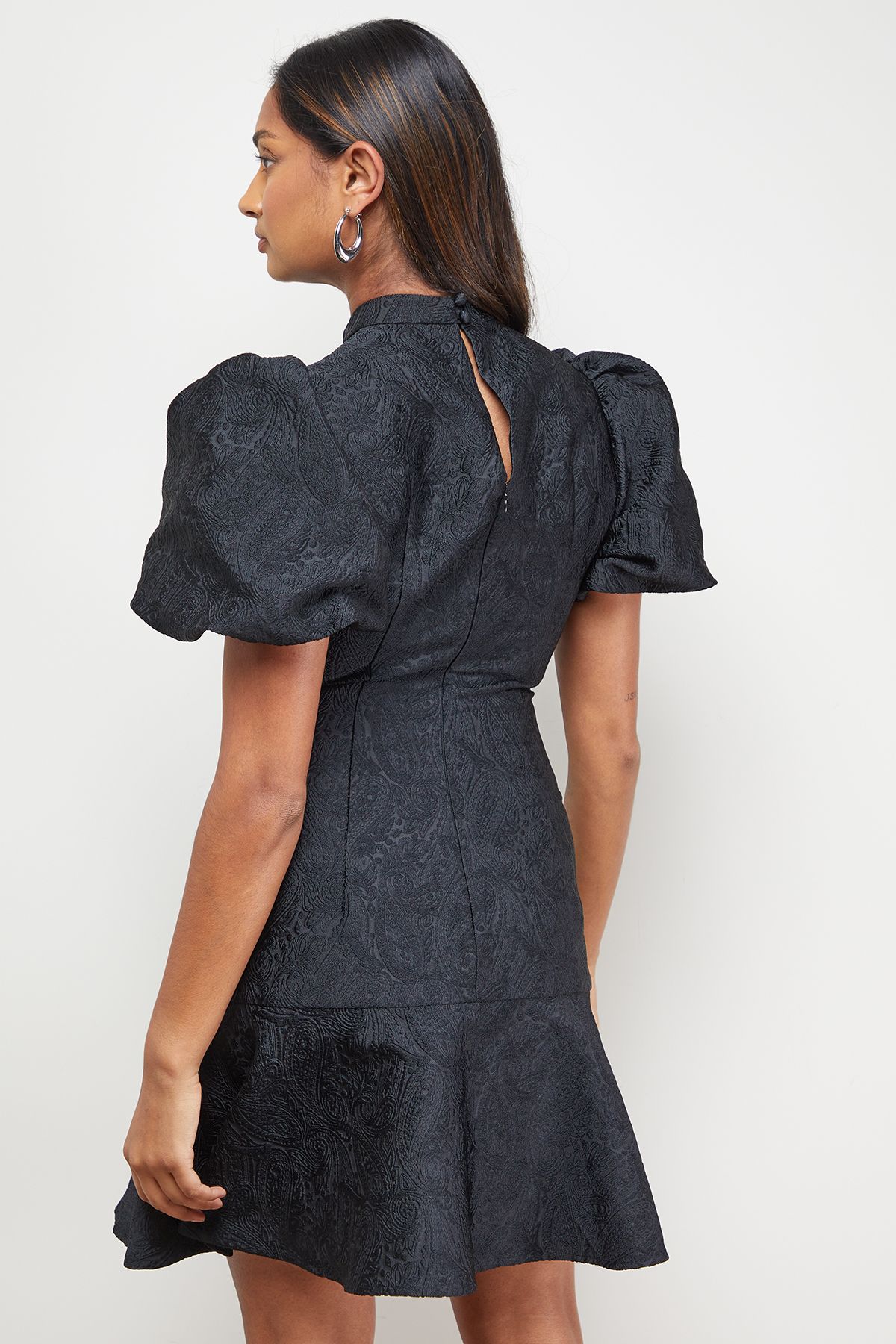 Oasis Paisley Jacquard Puff Sleeve Mini Dress Black image 3