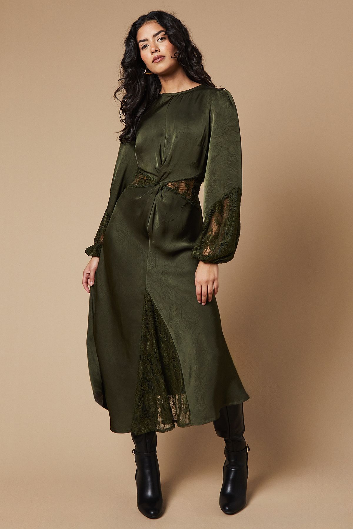 Oasis Petite Lace Insert Satin Midi Dress Khaki image 1