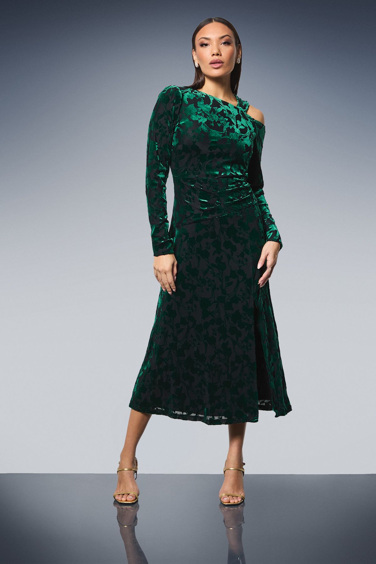 Principles Asymmetric Neck Velvet Devore Midi Dress Green image 1