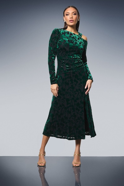 Principles Asymmetric Neck Velvet Devore Midi Dress Green