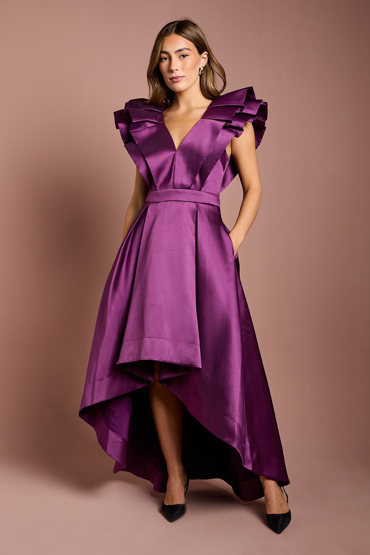 Coast Frill Sleeve V Neck Midi Dress Purple image 1