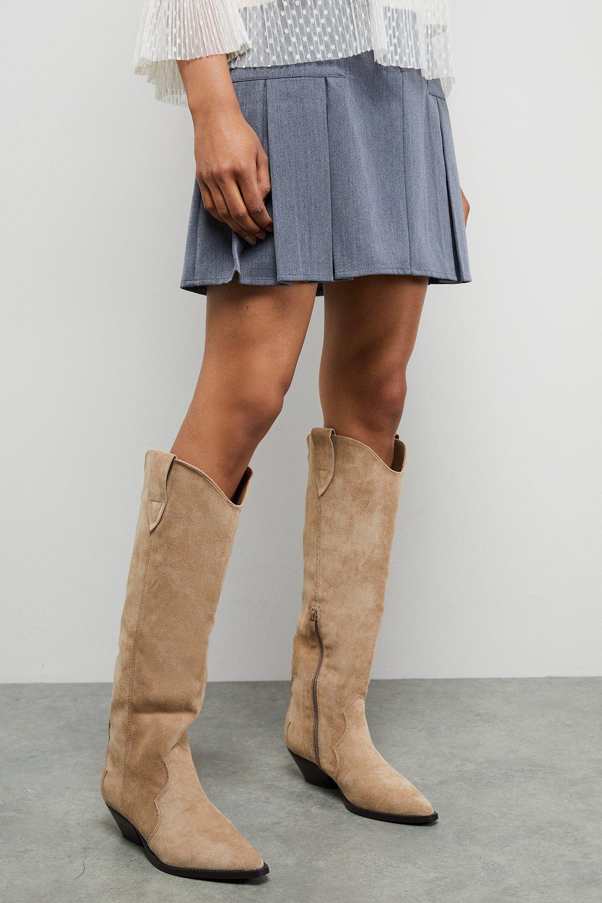 Oasis Faith: Cali Faux Suede Low Heel Western Knee Boots Beige image 2