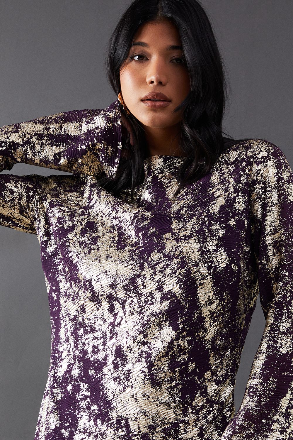 Warehouse Metallic Chiffon Slash Neck Bias Midi Dress Purple image 4