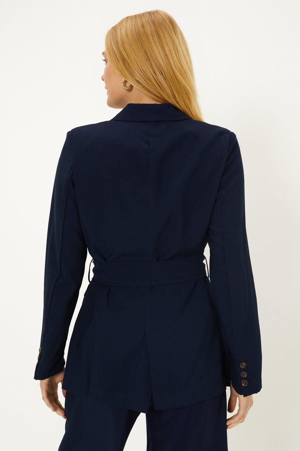 Oasis Linen Look Tie Detail Blazer Navy image 3