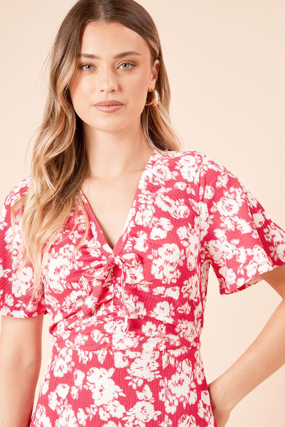 Dorothy Perkins Pink Floral Angel Sleeve Tie Front Midi Dress Pink image 3