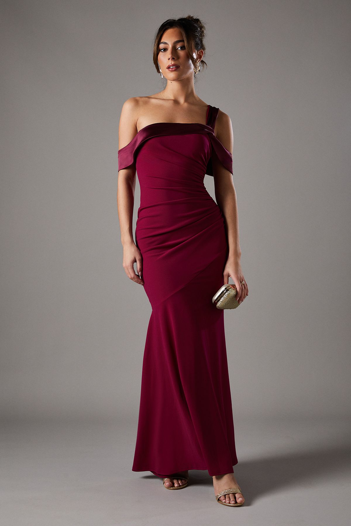 Coast Bardot Maxi Dress With Satin Trim Wine image 1