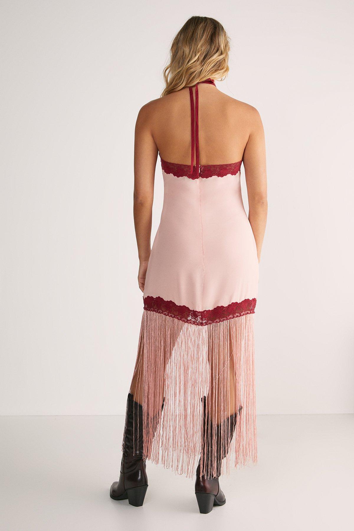 NastyGal Floral Embroidered Lace Trim Halter Neck Fringe Maxi Dress Blush image 4