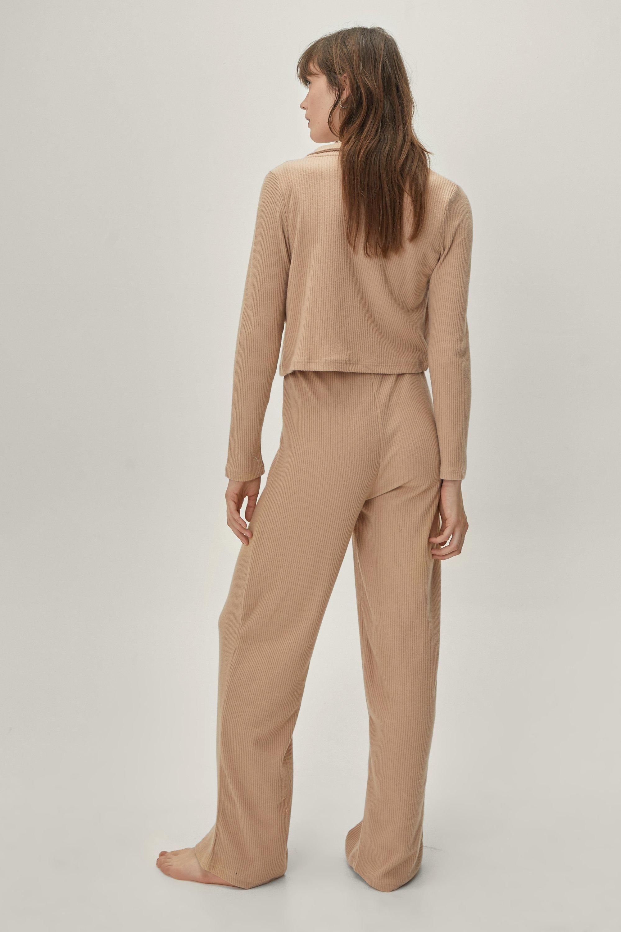 NastyGal Ribbed 3pc Wide Leg Trouser Lounge Set Oatmeal image 3