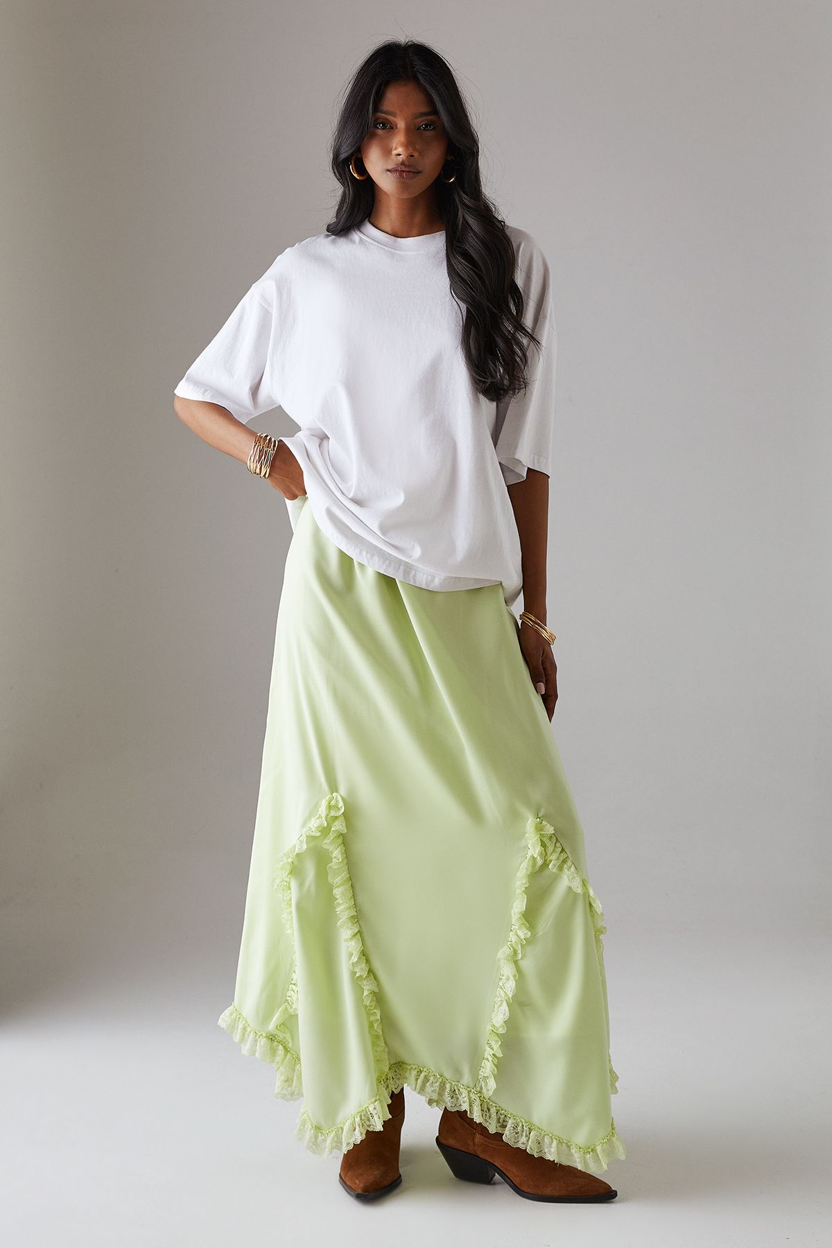 Warehouse Satin Lace Godet Hanky Hem Midi Skirt Apple Green image 4