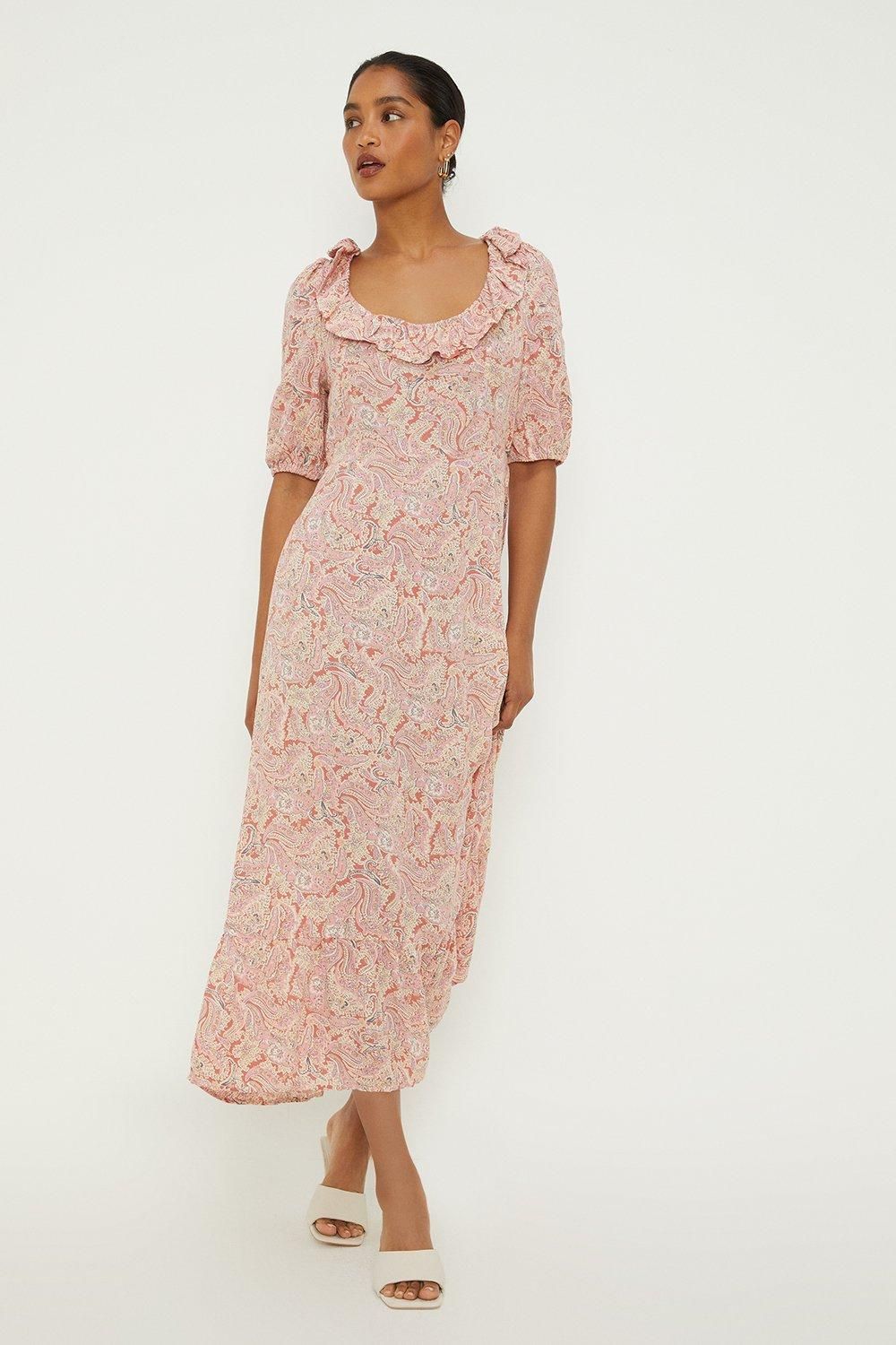 Dorothy Perkins Pink Paisley Ruffle Front Midi Dress Pink image 1