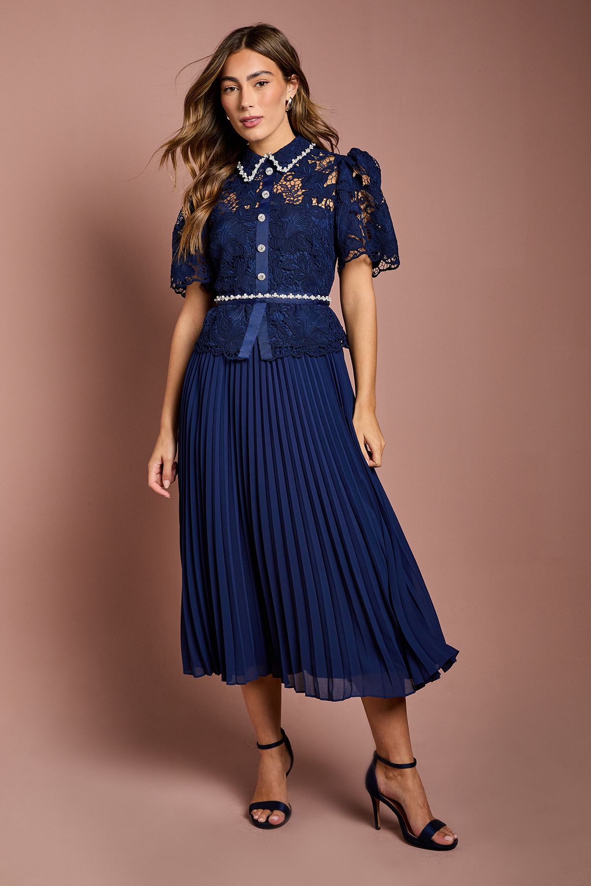 Coast Lace Top Pleat Skirt Jewel Button Dress Navy