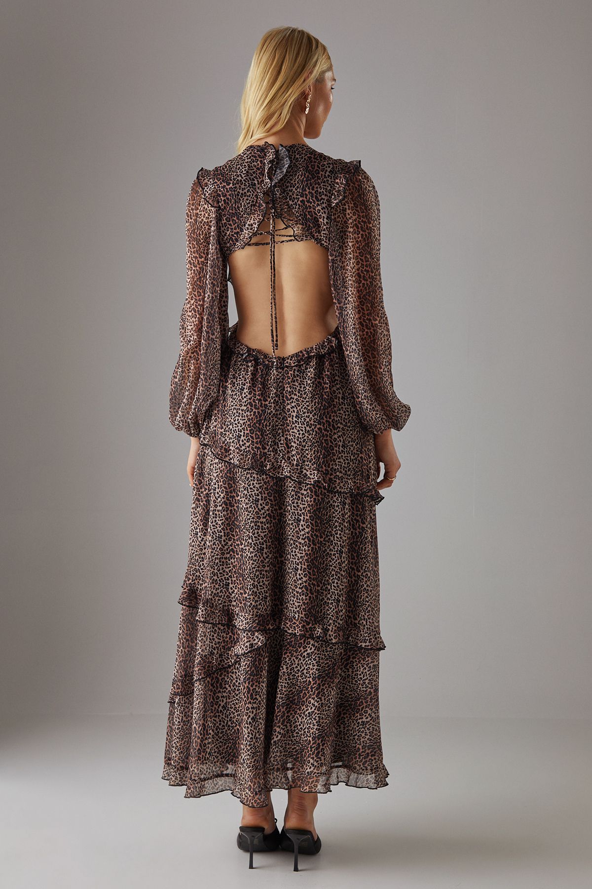 Warehouse Chiffon Cut Out Waist Ruffe Maxi Dress Animal image 3