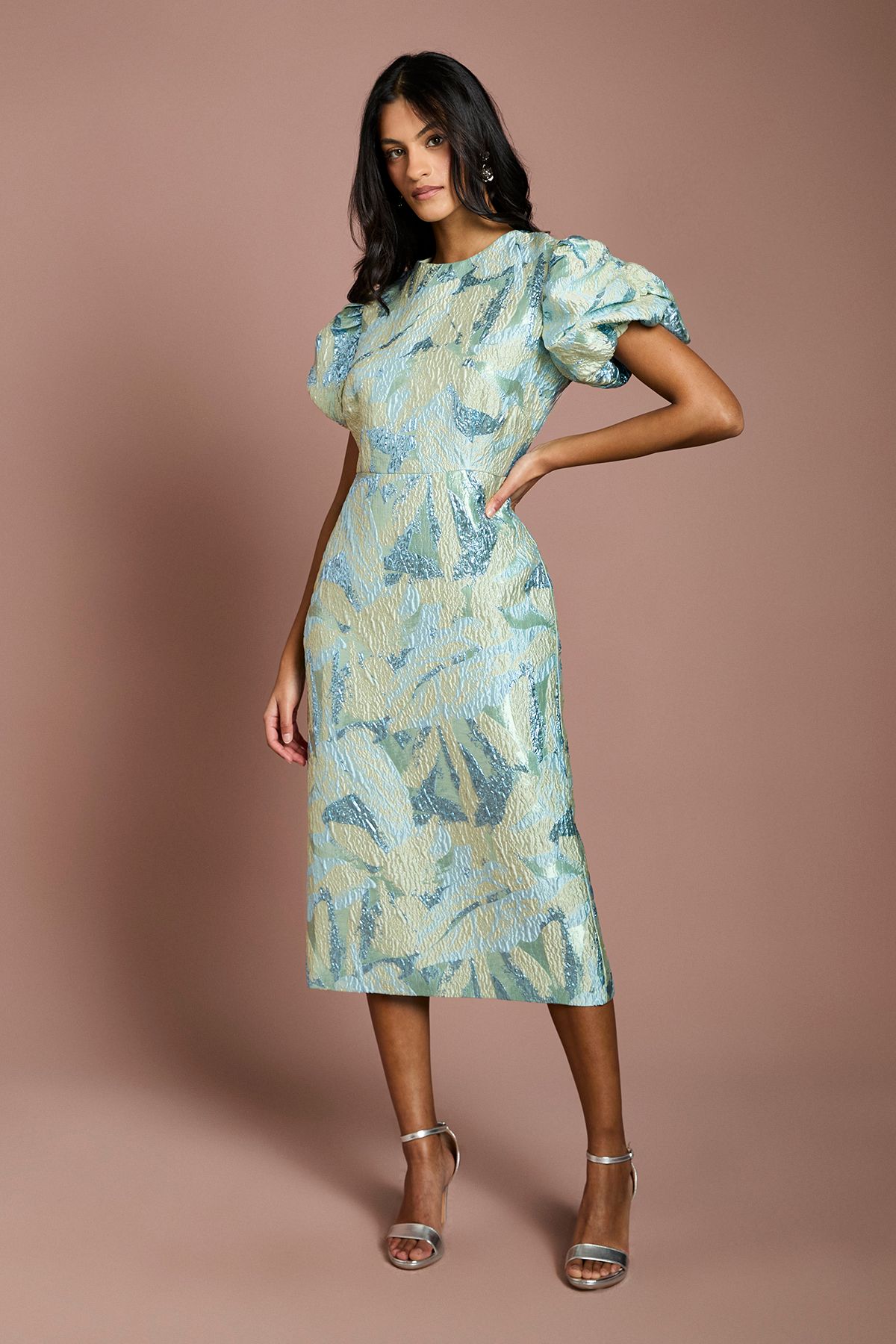 Coast Petite Metallic Jacquard Puff Sleeve Pencil Dress Green