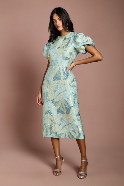 Coast Petite Metallic Jacquard Puff Sleeve Pencil Dress Green
