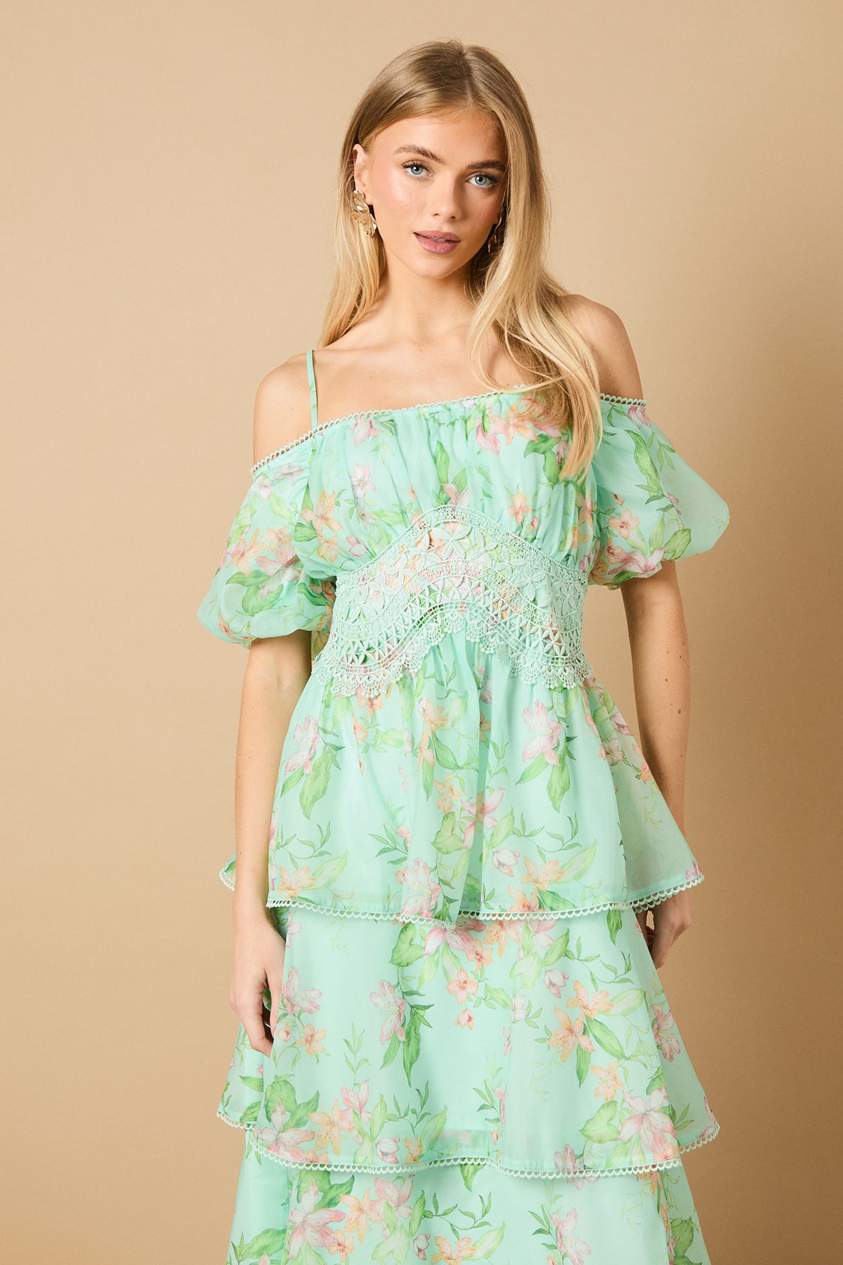 Oasis Lace Trim Tiered Off Shoulder Midi Dress Sage image 2