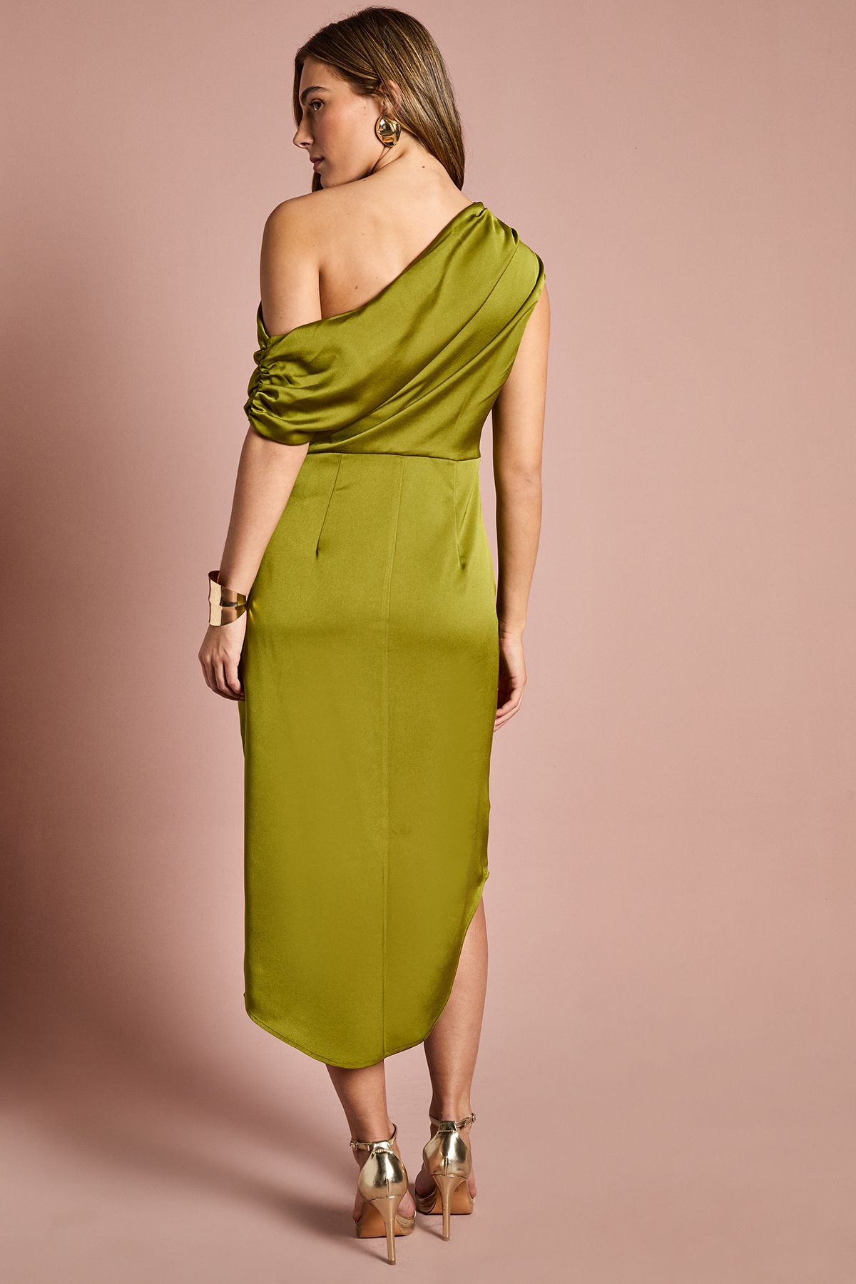 Coast Petite Satin Ruched One Shoulder Asymmetric Hem Midi Dress Olive image 3