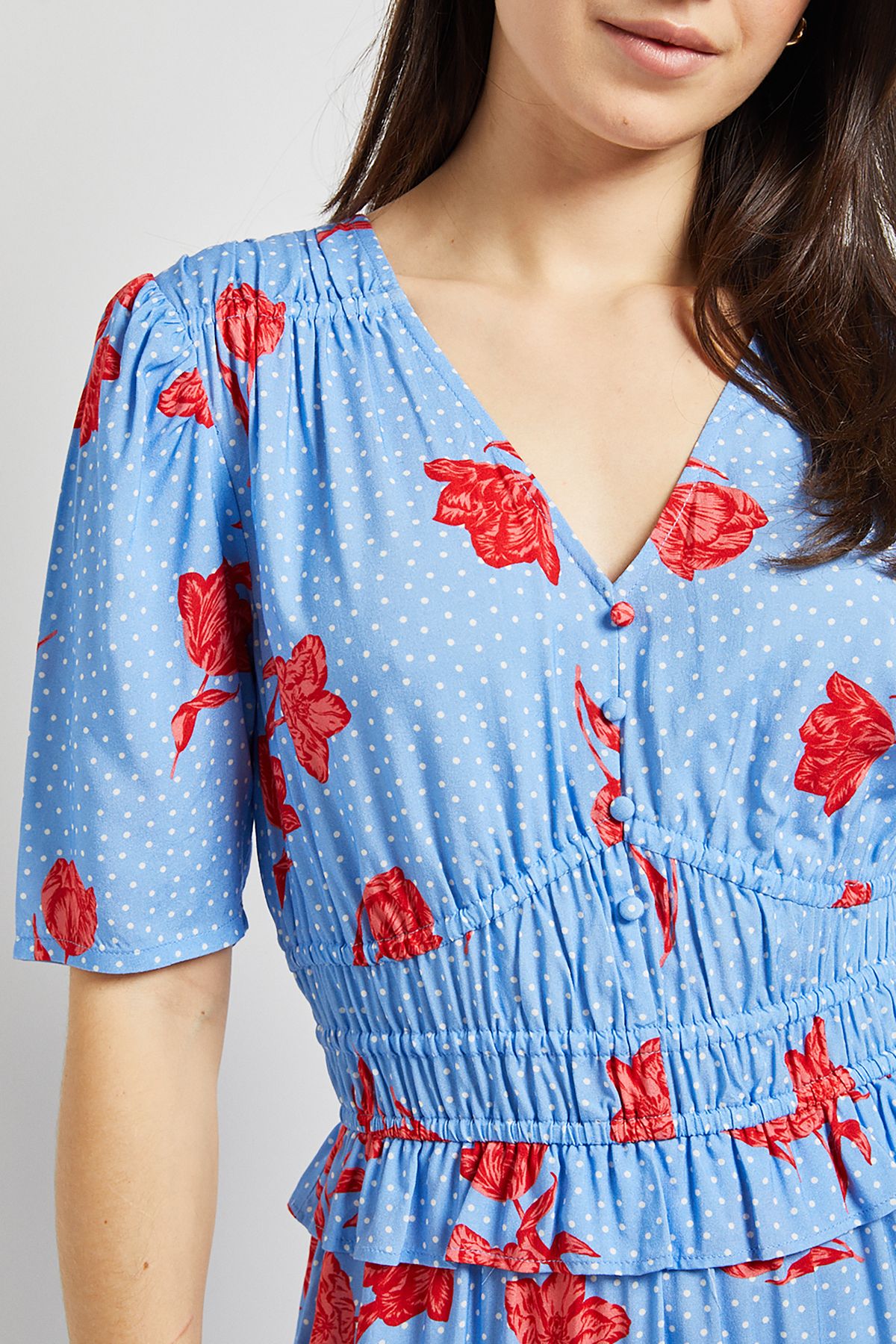 Dorothy Perkins Blue Floral Empire Shirred Bodice Button Detail Maxi Dress Blue image 5