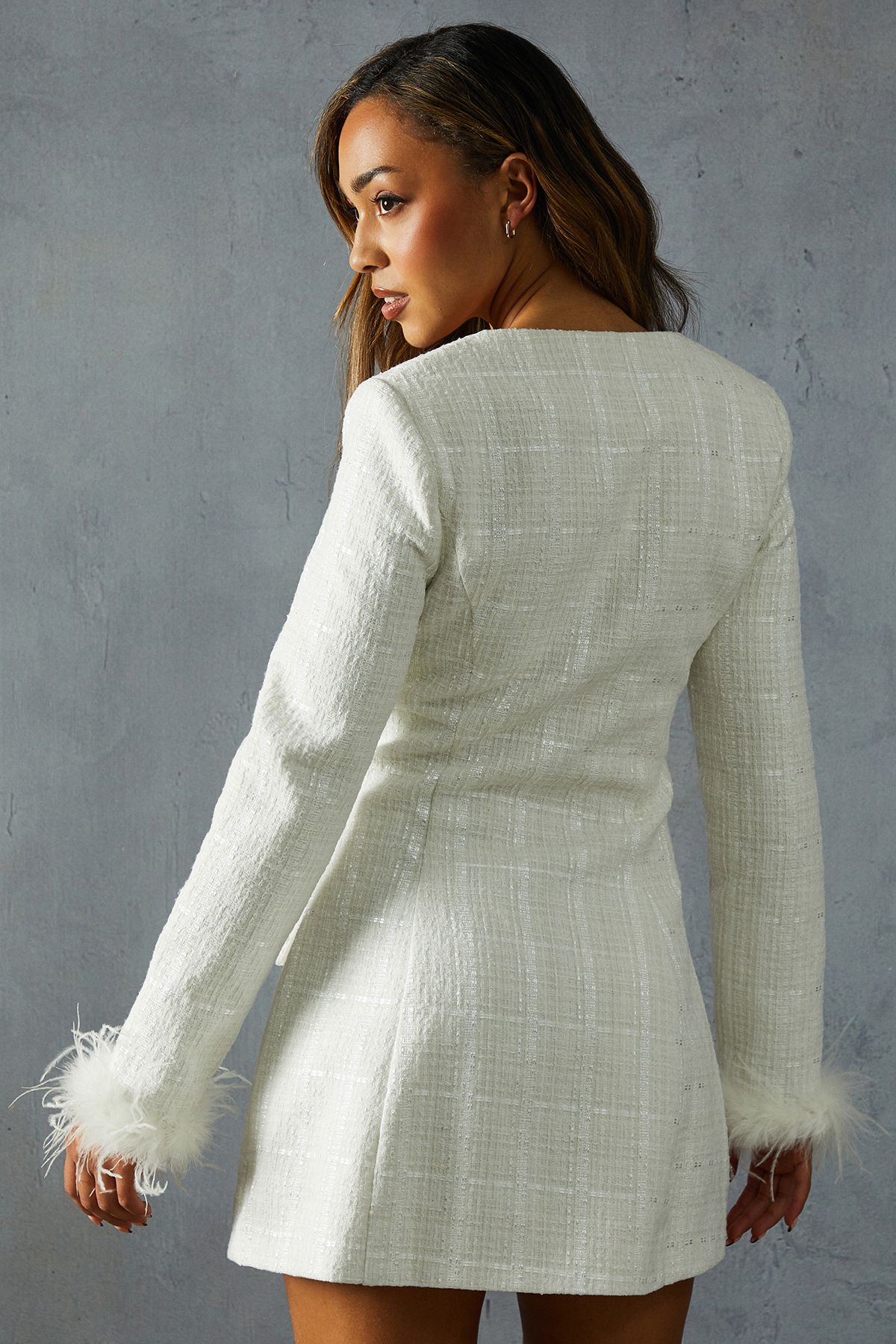 MissPap Boucle Feather Trim A-Line Mini Dress White image 2
