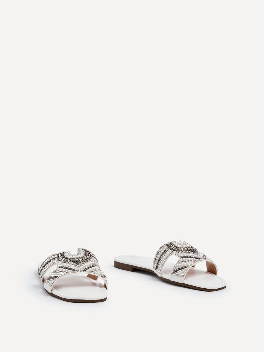 Linzi Indira White Faux Leather Aztec Design Embellished Slider Sandal image 3