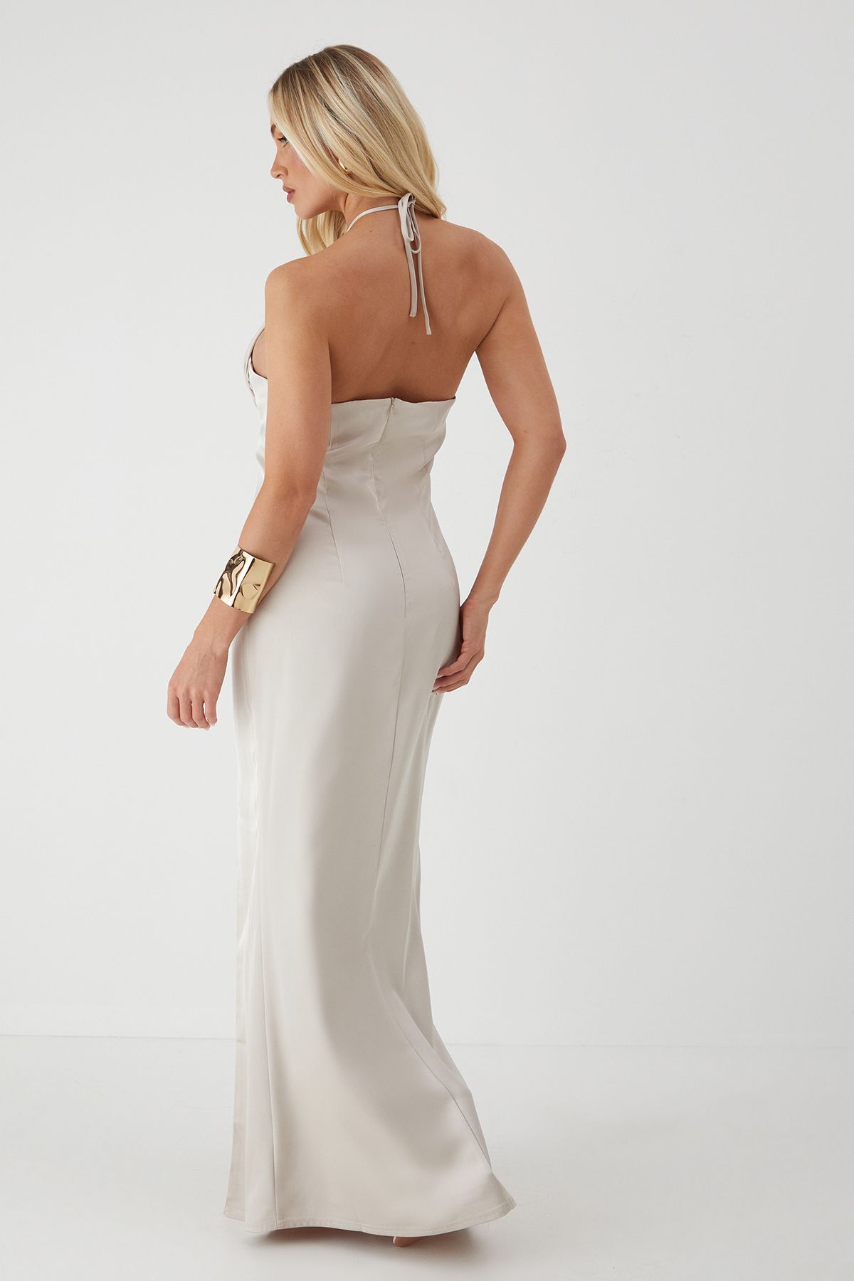 MissPap Halter Neck Split Hem Maxi Dress Champagne image 3