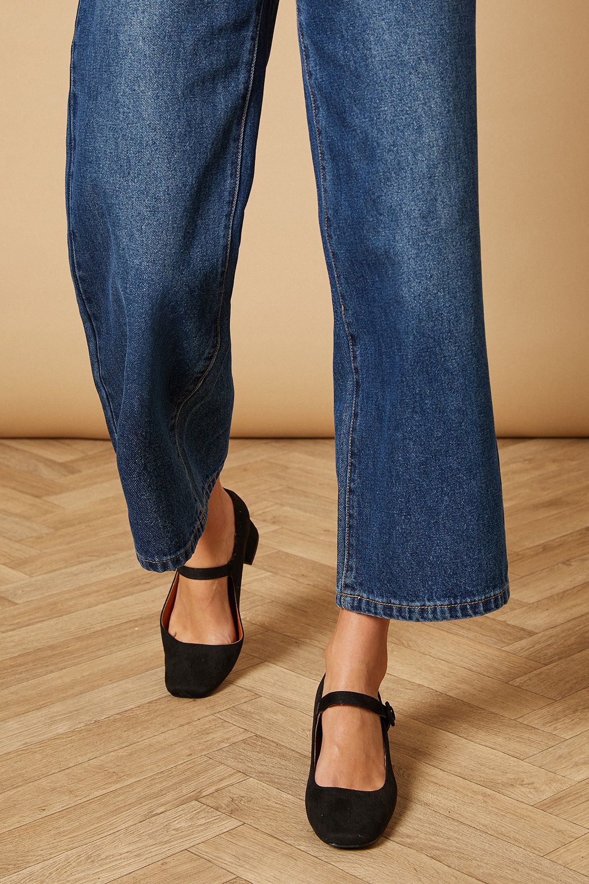 Oasis Romy Faux Suede Mary Jane Low Block Heel Shoes Natural Black image 3