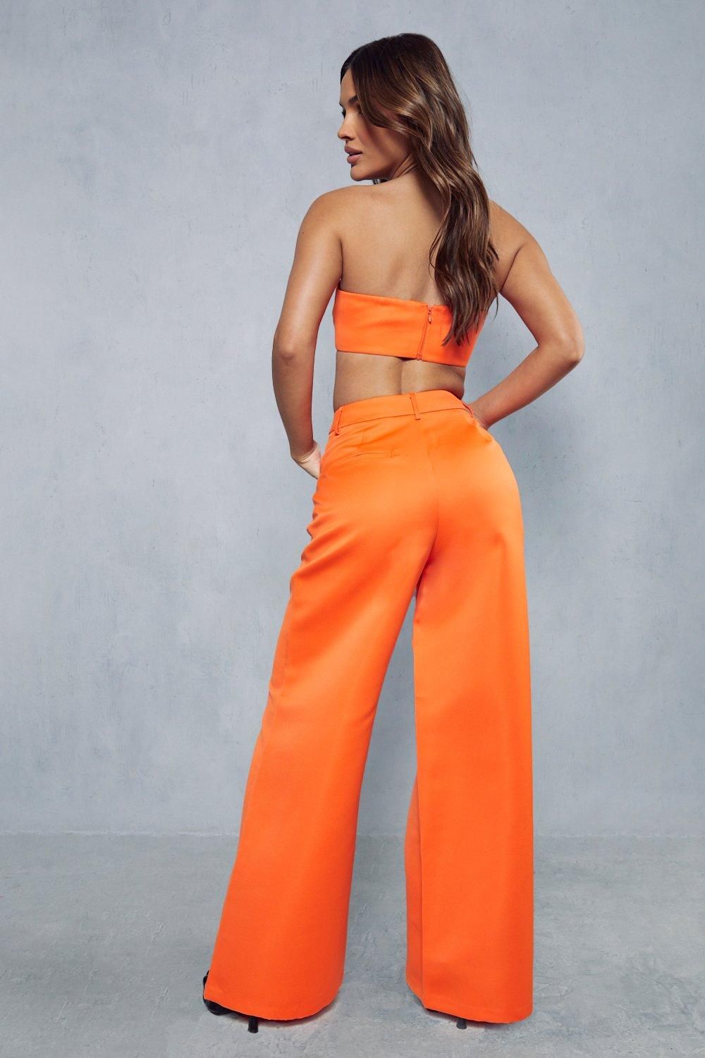 MissPap Premium Tailored Satin High Waisted Wide Leg Trousers Orange image 4