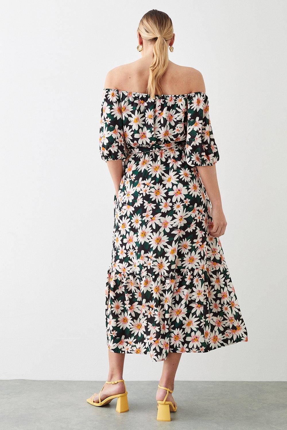 Dorothy Perkins Tall Daisy Print Frill Hem Bardot Dress Black image 3