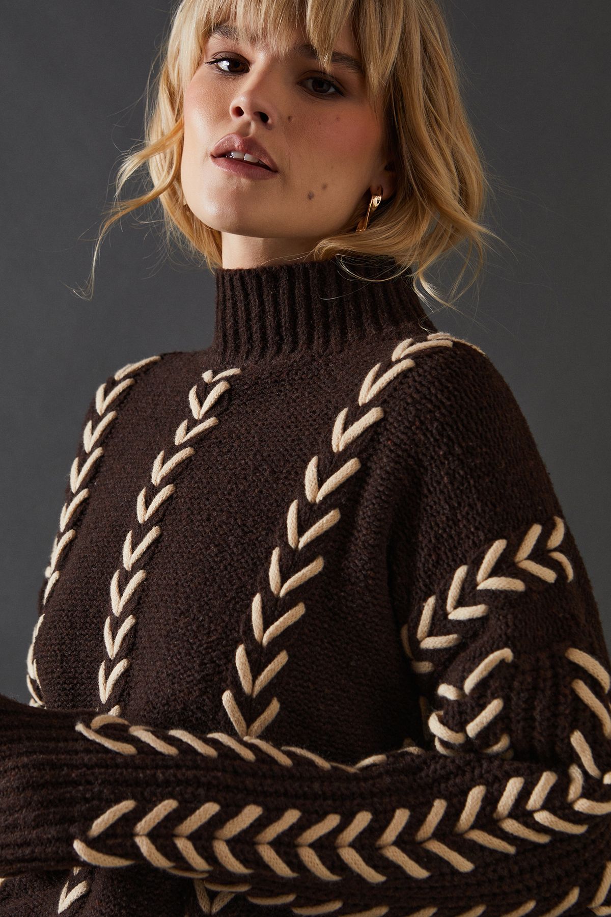Warehouse Whipstitch Detail Oversized Jumper Chocolate image 2