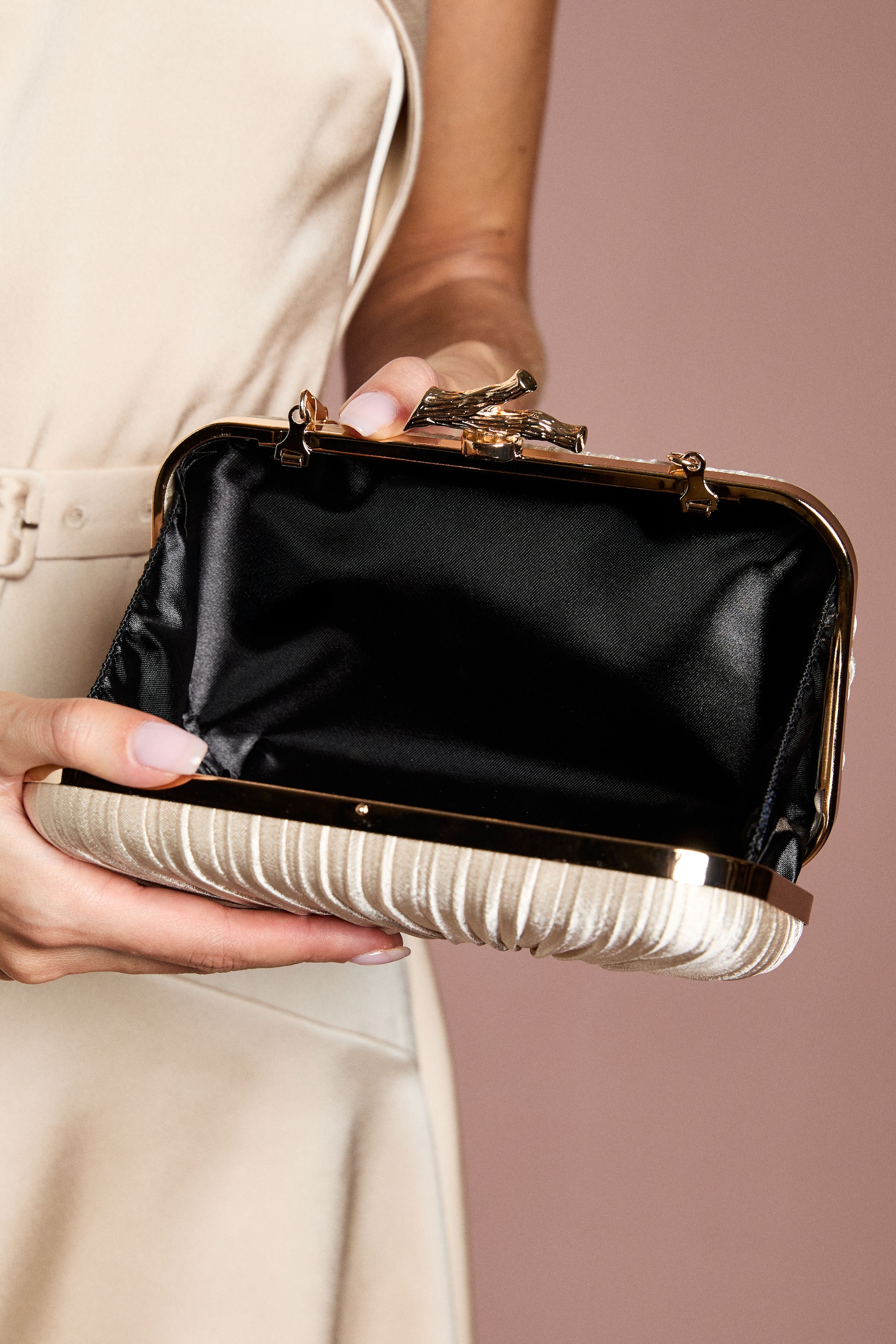 Coast Annie Ruched Detail Satin Clutch Bag Champagne image 3