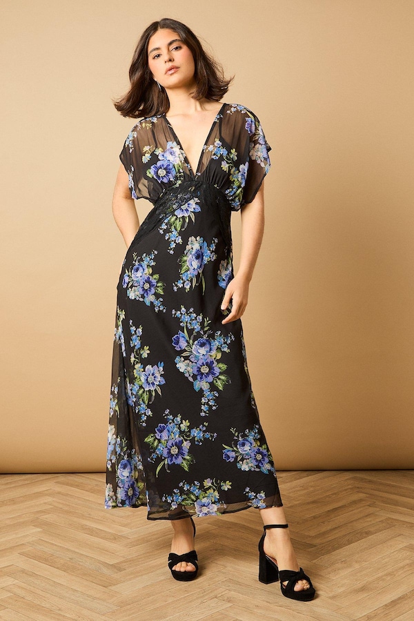 Oasis Printed Chiffon Lace Detail Midi Dress Green