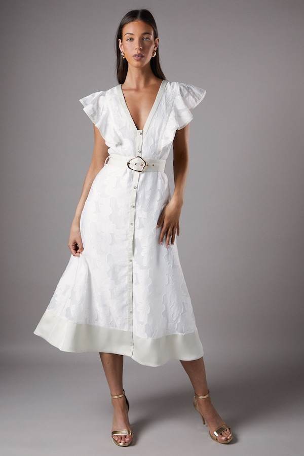 Coast V Neck Organza Jacquard Button Down Midi Dress Ivory