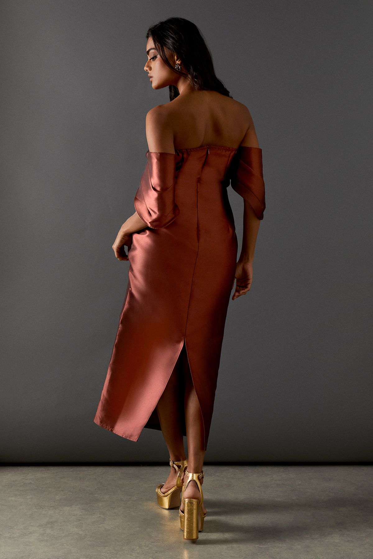 Warehouse Structured Puff Sleeve Bardot Midi Dress Chocolate image 3