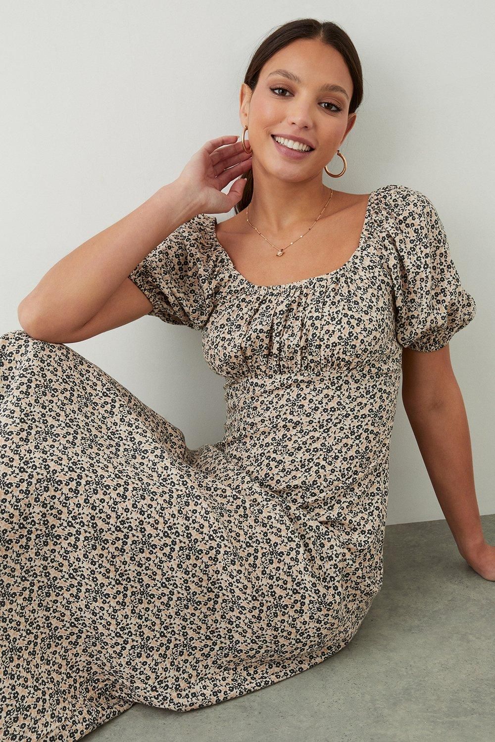 Dorothy Perkins Ditsy Floral Ruched Scoop Neck Midi Dress Ivory image 1