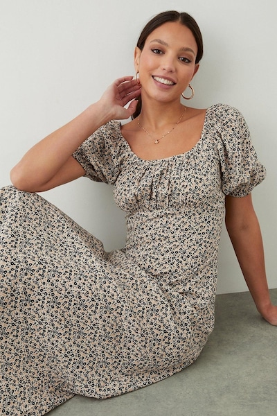 Dorothy Perkins Ditsy Floral Ruched Scoop Neck Midi Dress Ivory