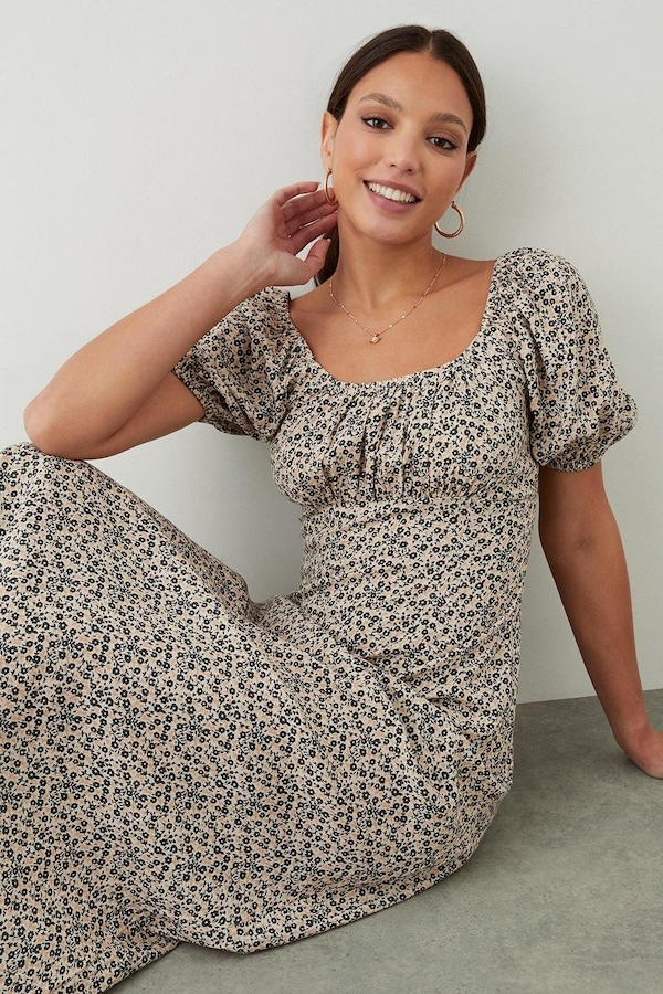Dorothy Perkins Ditsy Floral Ruched Scoop Neck Midi Dress Ivory