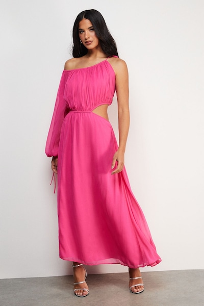Warehouse Chiffon One Shoulder Balloon Sleeve Cut Out Midi Dress Bright Pink