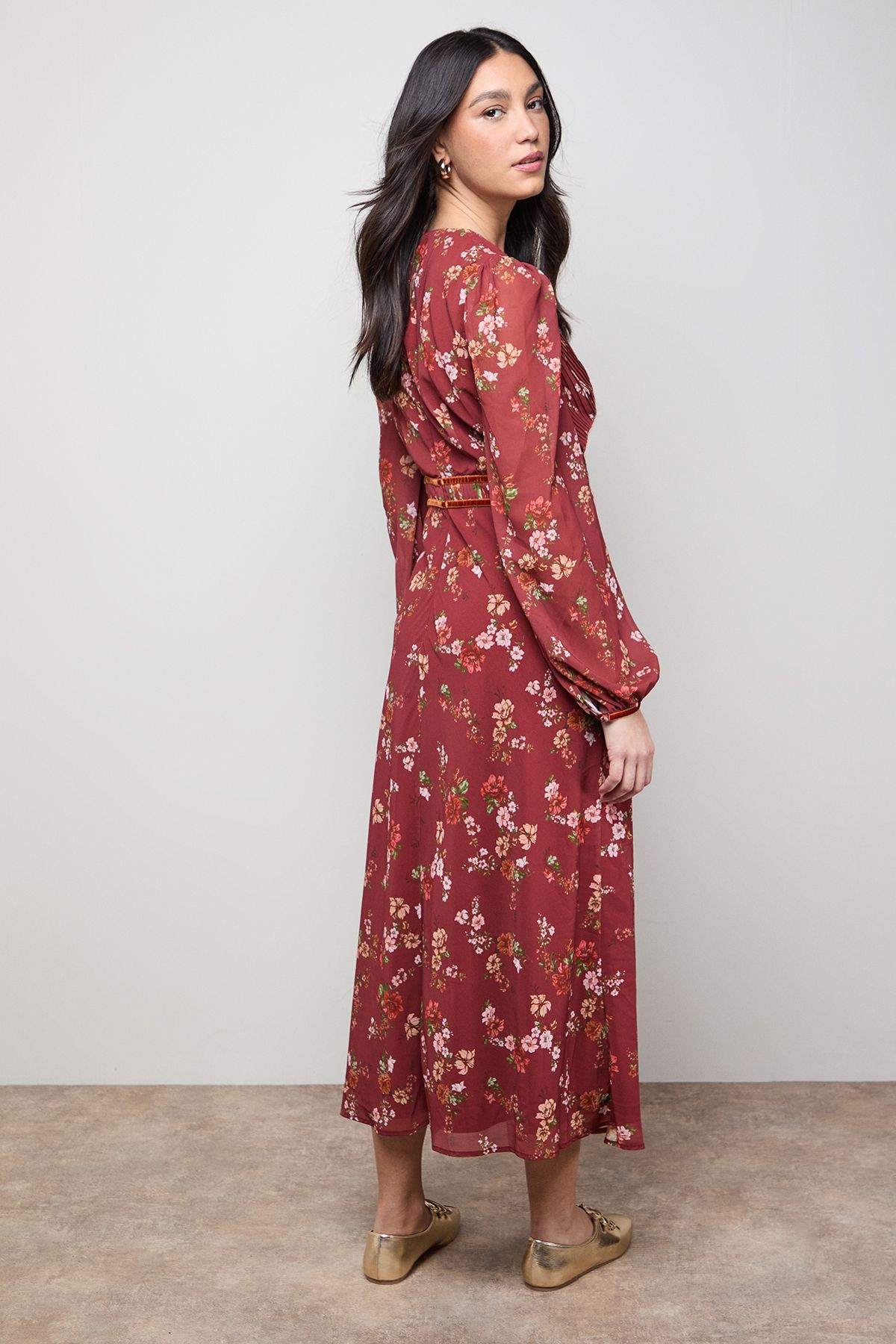 Oasis Printed Pleated Bodice Detail Midi Dress Rust image 3