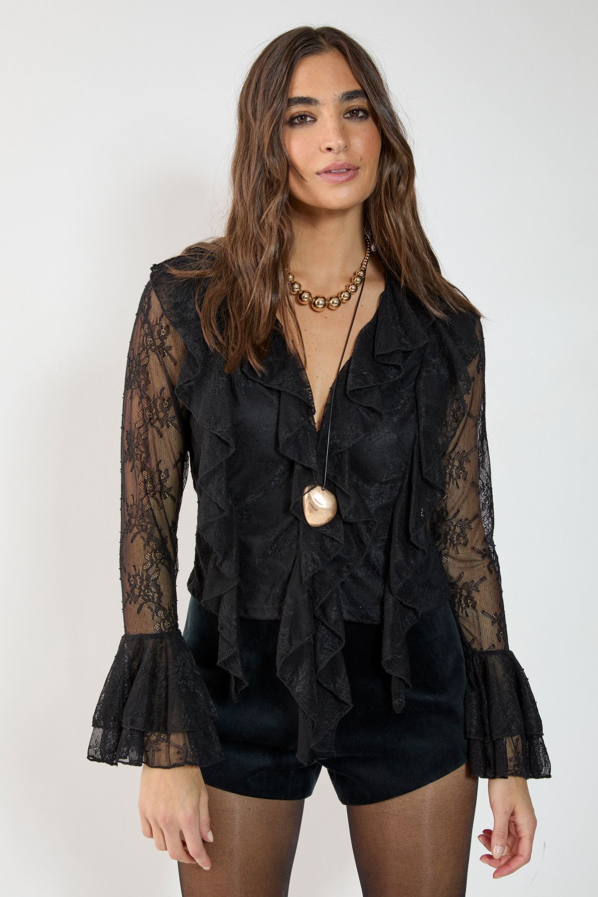 NastyGal Lace Ruffle Sheer Blouse Black image 3